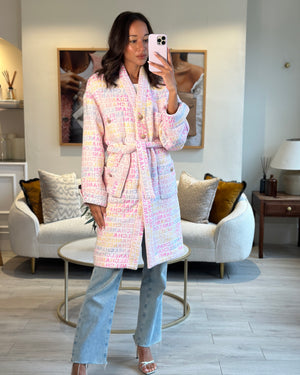 Chanel Pastel Robe Coat with Belt & Multi-Coloured Chanel Logo Details Size FR 42 (UK 14)