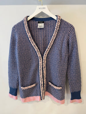 Chanel Blue and Pink Cashmere Knitted Cardigan with Braided Trim Detail Size FR 36 (UK 8)
