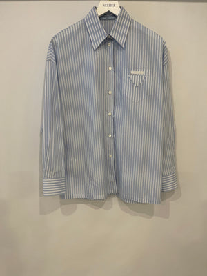Prada White and Blue Striped Button Down Shirt with Logo Detail Size IT 38 (UK 6)