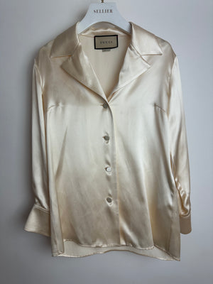 Gucci Cream Silk Long Sleeve Shirt GG Gold Buttons Detail Size IT 38 (UK 6) RRP £890