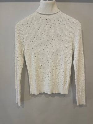 Chanel 22C White Perforated High Neck Jumper with CC Logo Detail Size FR 34 (UK 6) RRP £1,900