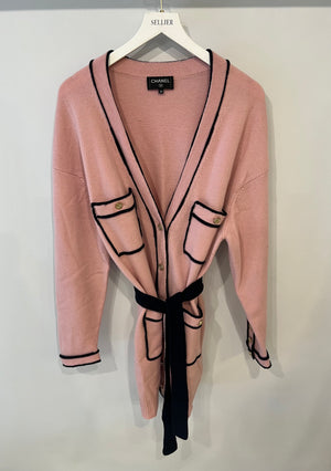 Chanel Spring 2021 Pink Cashmere Long Belted Cardigan with Navy Trim Details and Gold Number 5 Buttons Size FR 38 (UK 10)