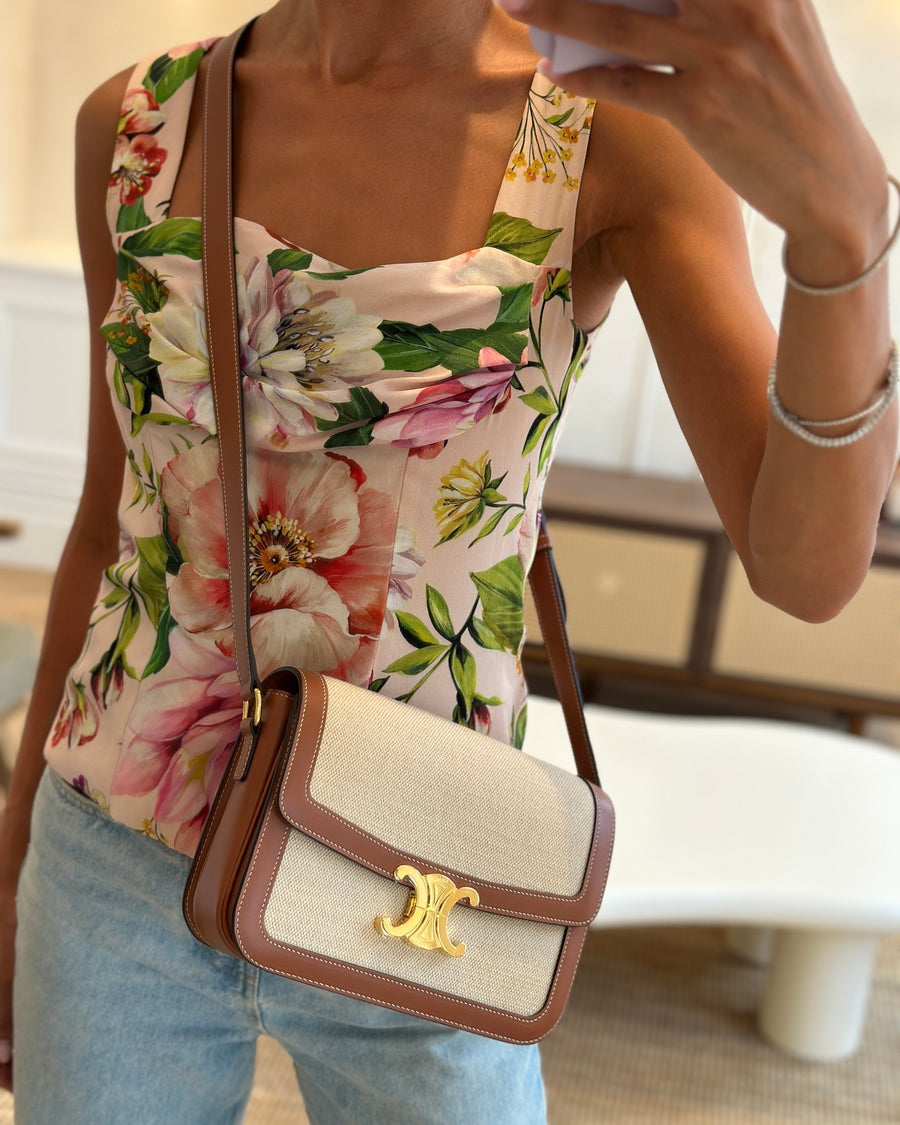 Celine Brown Canvas and Leather Triomphe Shoulder Bag with Gold Hardware