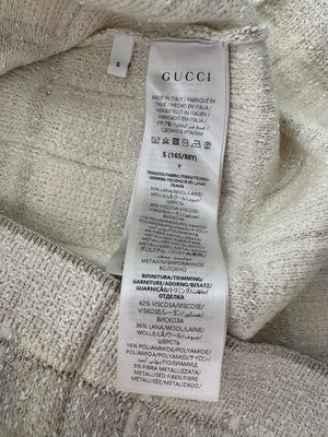 Gucci Cream and Gold Metallic Check Short Sleeve Jumper with Gold Button Logo Size S (UK 8)