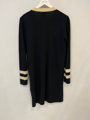 Chanel Black Cashmere Long Cardigan with Cream Trim Detail, Gold Glitter and Silver CC Buttons Size FR 38 (UK 10)