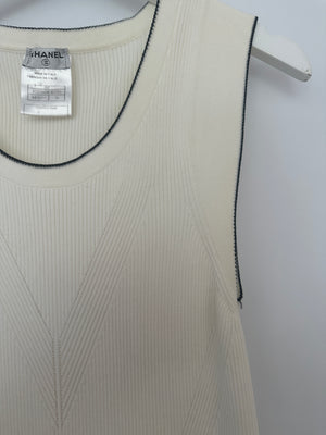 Chanel 08P Cream Sleeveless Knitted Short Dress with Silver CC Logo Button and Navy Hem Details Size FR 36 (UK 8)