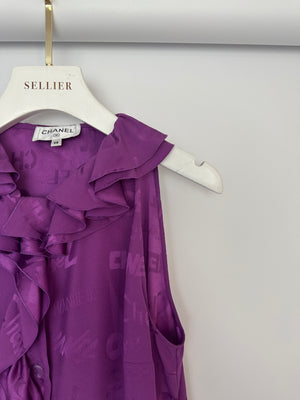 Chanel 22P Purple Silk Sleeveless Button Down Top with Ruffle Neckline and Logo Detail Size FR 38 (UK 10)