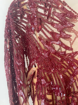 Zuhair Murad Burgundy Sequin Embellished Long-sleeve Midi Dress Size FR 34 (UK 6)