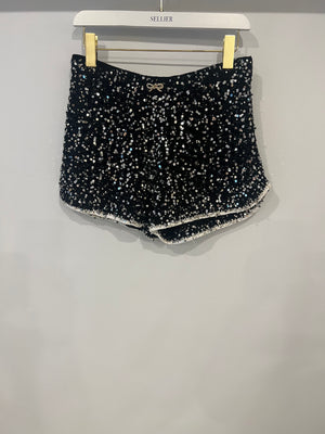 Chanel Spring 2023 Black Sequin Embellished Crocheted Shorts with Silver Crystal Embellished Bow Detail Size FR 38 (UK 10)