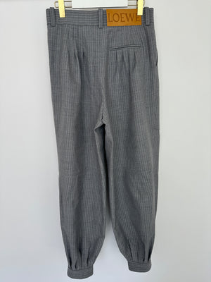 Loewe Grey Pinstripe Wool Balloon Trousers with Buttoned Ankle Cuffs Size FR 42 (UK 14)