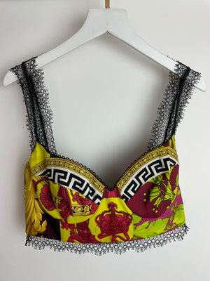 Versace Yellow, Black, Brown Medusa Pattern Bustier and Shorts Set with Lace & Gold Button Details Size IT 36/40 (UK 4/8)
