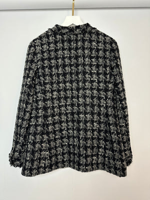 Chanel Black, Grey Tweed Large Houndstooth Jacket with Front Pockets and Black Leather Button Details, Size FR 38 (UK 10)