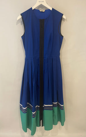 Fendi Electric Blue, Green and Black Zipped Maxi Pleated Dress with Mesh Detailing Size IT 42 (UK 10)