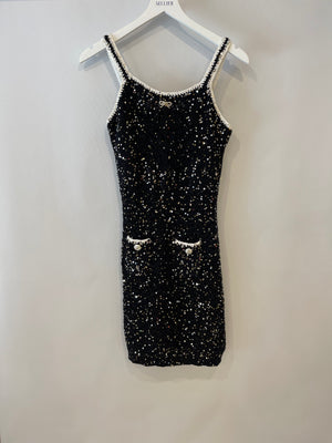 Chanel SS/23 Black Sequin Embellished Mini Dress with Bow and CC Crystal Buttons Details Size FR 36 (UK 8)