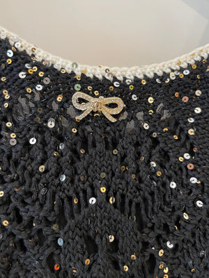 Chanel SS/23 Black Sequin Embellished Mini Dress with Bow and CC Crystal Buttons Details Size FR 36 (UK 8)