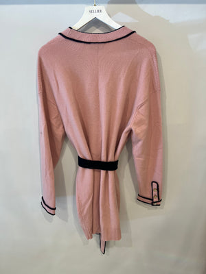 Chanel Spring 2021 Pink Cashmere Long Belted Cardigan with Navy Trim Details and Gold Number 5 Buttons Size FR 38 (UK 10)