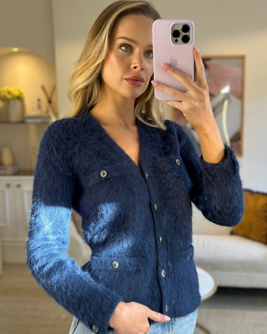 *HOT* Chanel Navy Cashmere and Alpaca Cardigan with Crystal Buttons Detail Size FR 34 (UK 6-8)