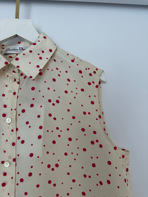 Christian Dior Cream and Red Polka Dot Sleeveless Silk Button Down Blouse Size FR 40 (UK 12)