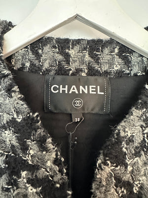 Chanel Black, Grey Tweed Large Houndstooth Jacket with Front Pockets and Black Leather Button Details, Size FR 38 (UK 10)