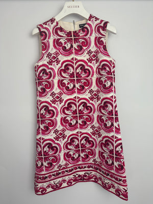 Dolce & Gabbana White and Pink Maiolica Sleeveless Mini Dress Size IT 38 (UK 6)
