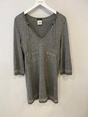 Chanel Grey Long-Sleeve Embellished Dress With CC Logo FR 36 (UK 8)