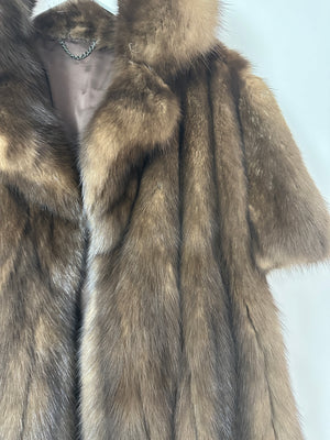 Brown Sable Real Fur Long Coat with Half Sleeve Detail Size UK 10-12