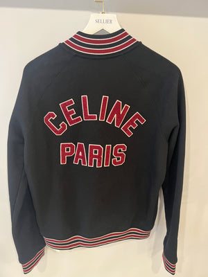 Celine Black College Jacket with Burgundy Striped Collar and Celine Paris Embroidery Detail Size S (UK 8)