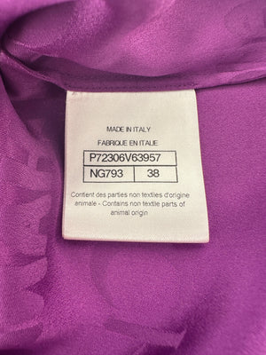 Chanel 22P Purple Silk Sleeveless Button Down Top with Ruffle Neckline and Logo Detail Size FR 38 (UK 10)