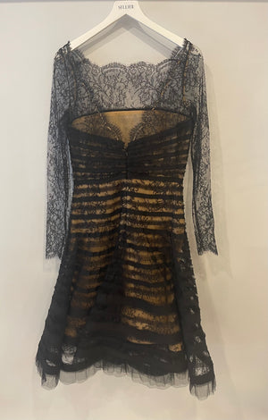 Oscar De La Renta Black and Nude Silk Lace Midi Dress With Bow Detail Size US 6 (UK 10)