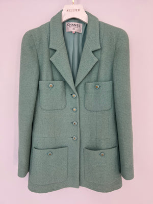 Chanel Tiffany Blue Tweed Jacket with Blue and Gold CC Button Details Size FR 40 (UK 12)