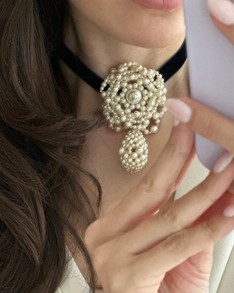 *HOT* Chanel Navy Velvet Choker Necklace with Pearl Camelia CC Detail