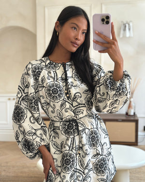 Zimmermann White and Black Floral Embroidered Long Sleeve Linen Mini Dress Size 0 (UK 8)