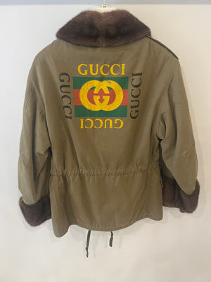 Gucci Khaki Jacket with Brown Mink Fur Trim and Shearling Lining with Logo Print Size IT 38 (UK 6)