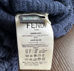 Fendi Dark Blue Ribbed Midi Silk Dress Size IT 36 (UK 4)