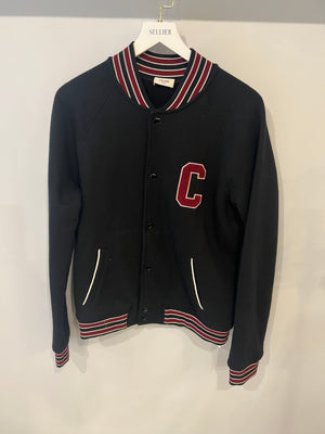 Celine Black College Jacket with Burgundy Striped Collar and Celine Paris Embroidery Detail Size S (UK 8)