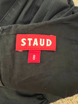 Staud Black Midi Dress with Square Neckline Detail and Puff Sleeves Size US 8 (UK 12)