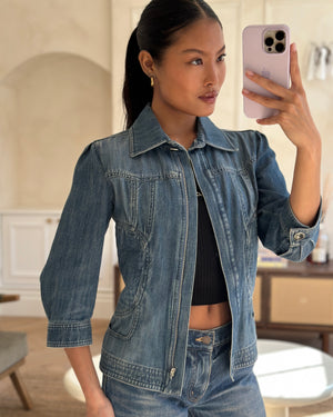 Chanel 08/P Blue Denim Long Sleeve Jacket with Quilted Pocket Detail Size FR 36 (UK 8)