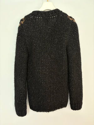 Chanel Black and Brown Quilted Mohair Cardigan with Silver Threads and Black Chain Button Details Size FR 34 (UK 6)