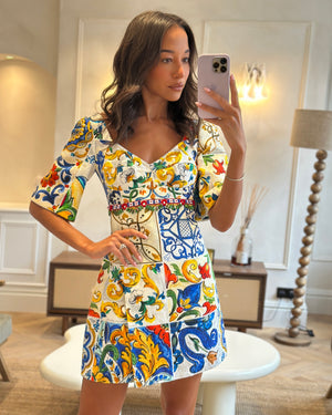 Dolce & Gabbana Yellow Majolica Mid Sleeve Embellished Midi Dress Size IT 40 (UK 8)