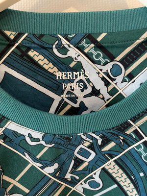 Hermès Green and Blue "Tartan et Chaines Milano" T-Shirt Size FR 36 (UK 8) RRP £680