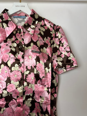 Prada Pink and Brown Floral Satin Short-Sleeve Shirt Size FR 36 (UK 8)