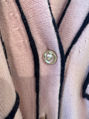 Chanel Spring 2021 Pink Cashmere Long Belted Cardigan with Navy Trim Details and Gold Number 5 Buttons Size FR 38 (UK 10)