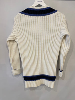 Chanel White, Black and Navy V Neck Knit Jumper with CC Button Details Size FR 40 (UK 12)