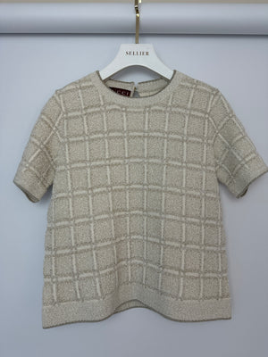 Gucci Cream and Gold Metallic Check Short Sleeve Jumper with Gold Button Logo Size S (UK 8)