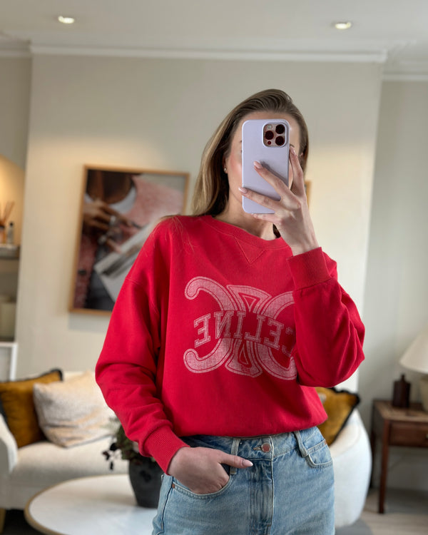 Celine Red Long-Sleeve Round Neck Sweatshirt with Triomphe Screen Printed Logo Size XS (UK 4-6)