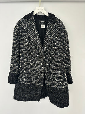 Chanel Black, Grey & White Tweed Double Breasted Jacket with Black CC Logo Buttons Size FR 36 (UK 8)