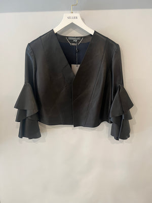 Alexander McQueen Black Leather Cropped Jacket with Ruffled Sleeves Size IT 40 (UK 8)
