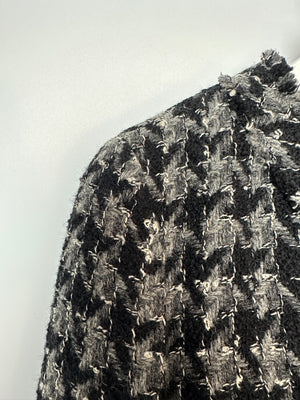 Chanel Black, Grey Tweed Large Houndstooth Jacket with Front Pockets and Black Leather Button Details, Size FR 38 (UK 10)