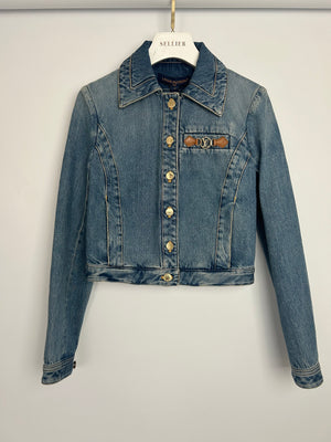 Louis Vuitton Blue Cropped Denim Jacket with Gold Logo Detail and Gold Buttons RRP £2,110 Size FR 34 (UK 6)