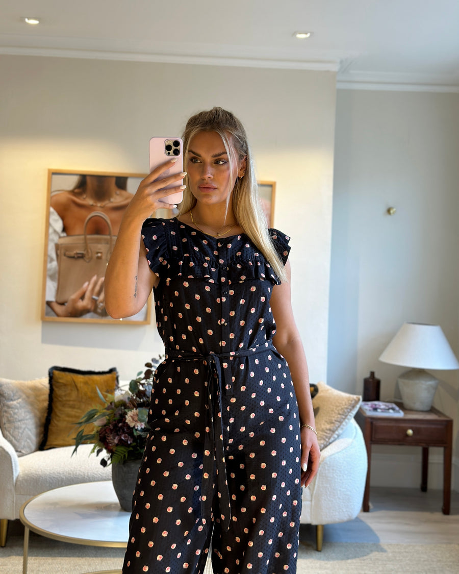 Vil Shenko Navy Rose Print Ruffle Sleeve Jumpsuit Size UK 16